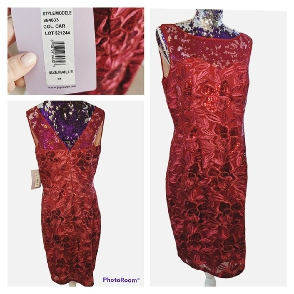 Romantic Glam Cocktail Dress JS Collections NWT 14 Burgundy Sequin Illusion Neck